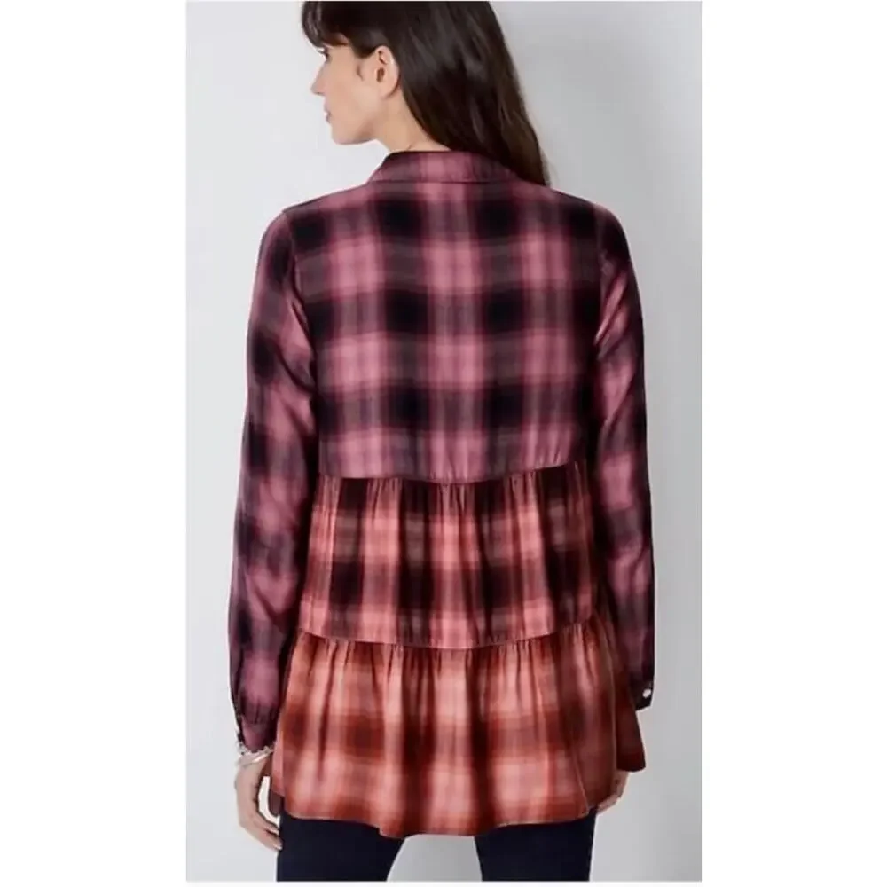 J.Jill Ombre Plaid Tiered Babydoll Button Up Tunic Top Long Sleeve Burgundy Sz M - Picture 13 of 15